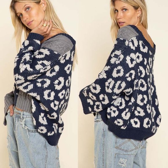 NEW POL Mix Leopard Cable Knit Deep V Neck Oversize Slouchy Pullover Sweater Top - Picture 5 of 10